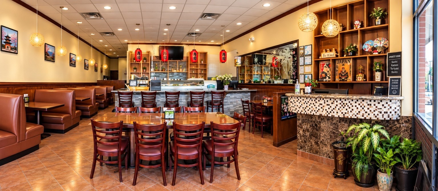 Dining tables and seating inside Akari Sushi and Ramen