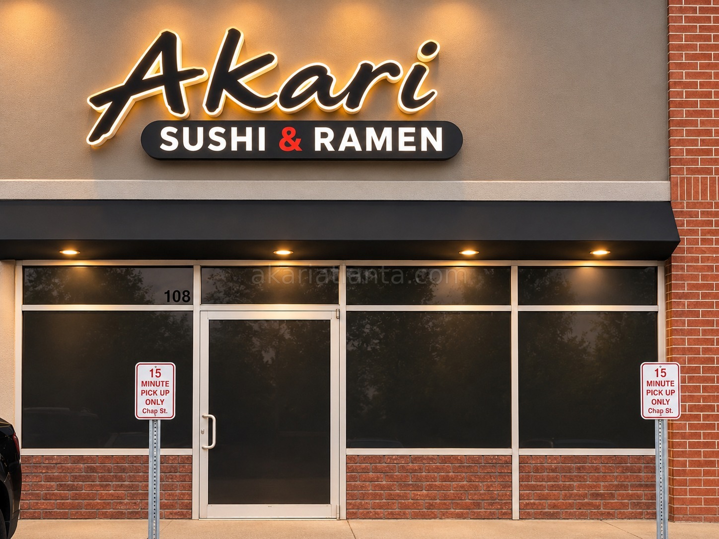 Front entrance and exterior sign of Akari Sushi and Ramen