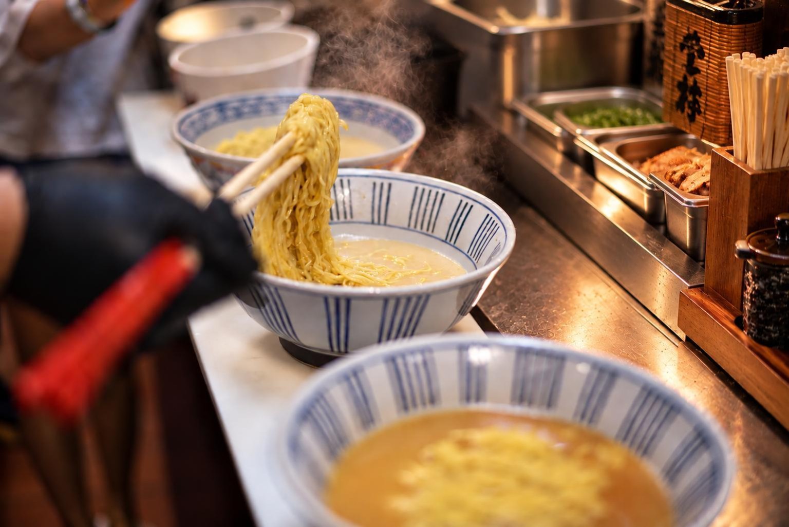 Fresh ramen noodles being prepared at the Akari kitchen