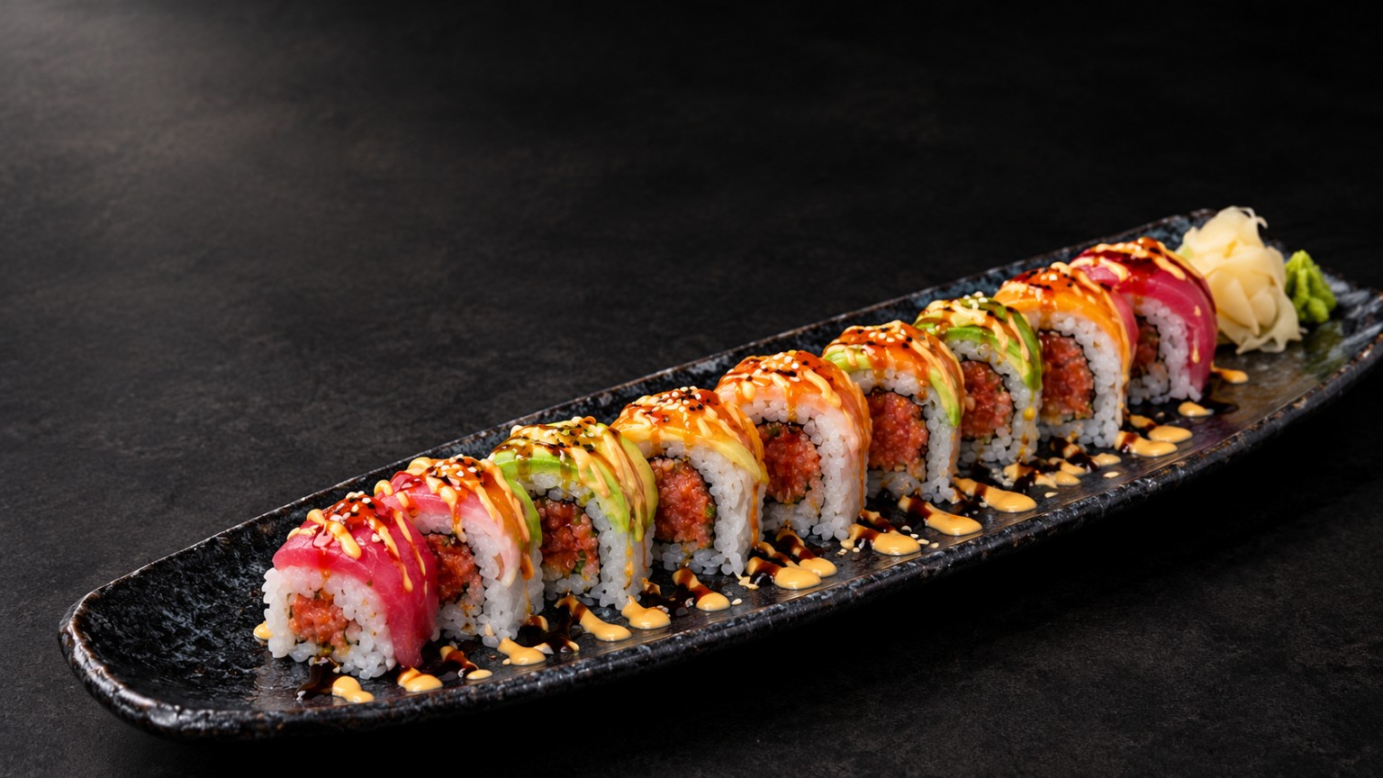Signature sushi roll with colorful toppings